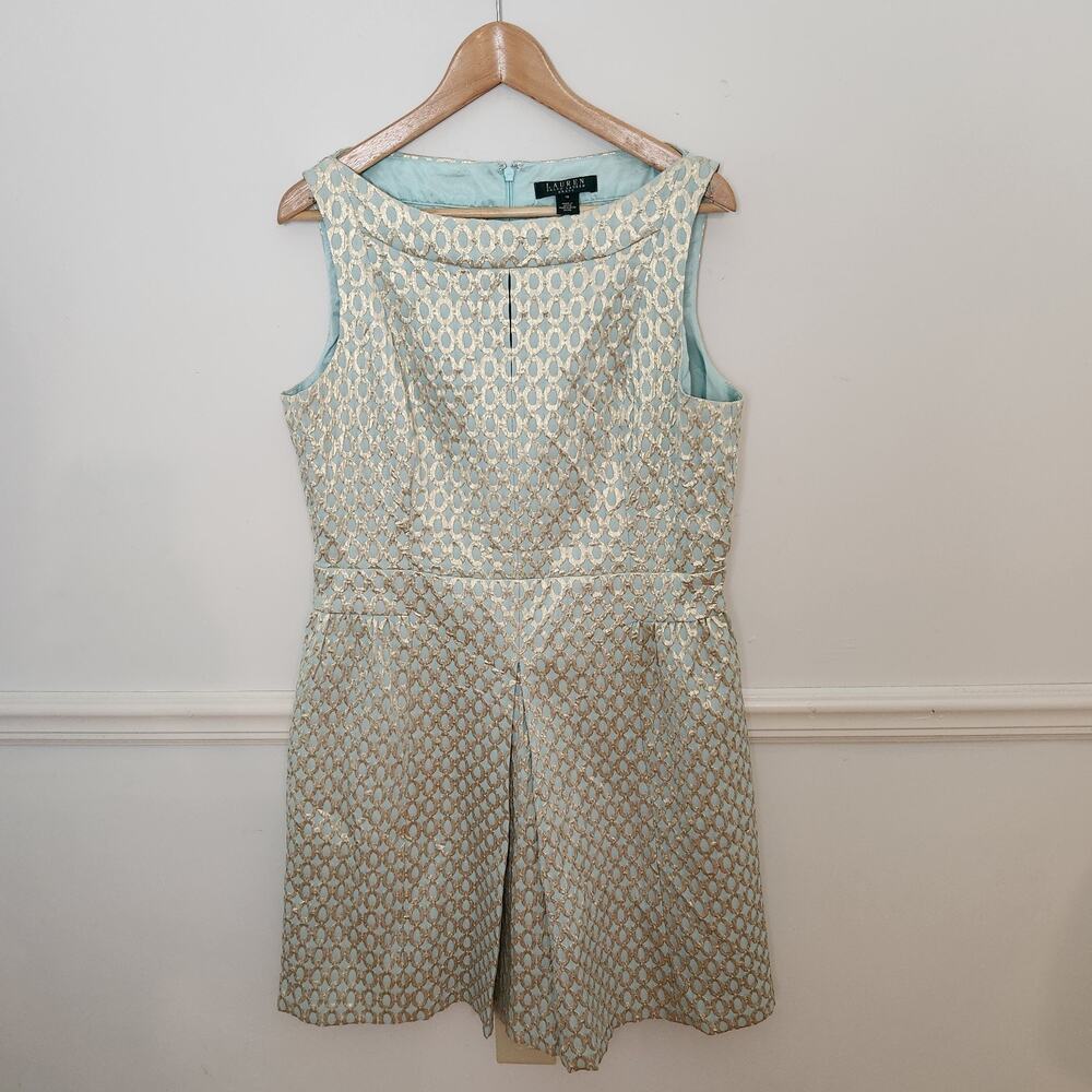 Lauren Ralph Lauren Dress Sz 16 Womens Blue Gold Brocade Metallic Party Cocktail